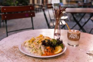 Ein Teller mit einem mit Käse überbackenen Gericht und Beilagensalat mit Raspelmöhren und einer Zitronenscheibe. Dahinter stehen ein „JOS FRITZ“-Glas mit Eiskaffee und eine Vase mit Trockenblumen auf einem Tisch im Außenbereich.